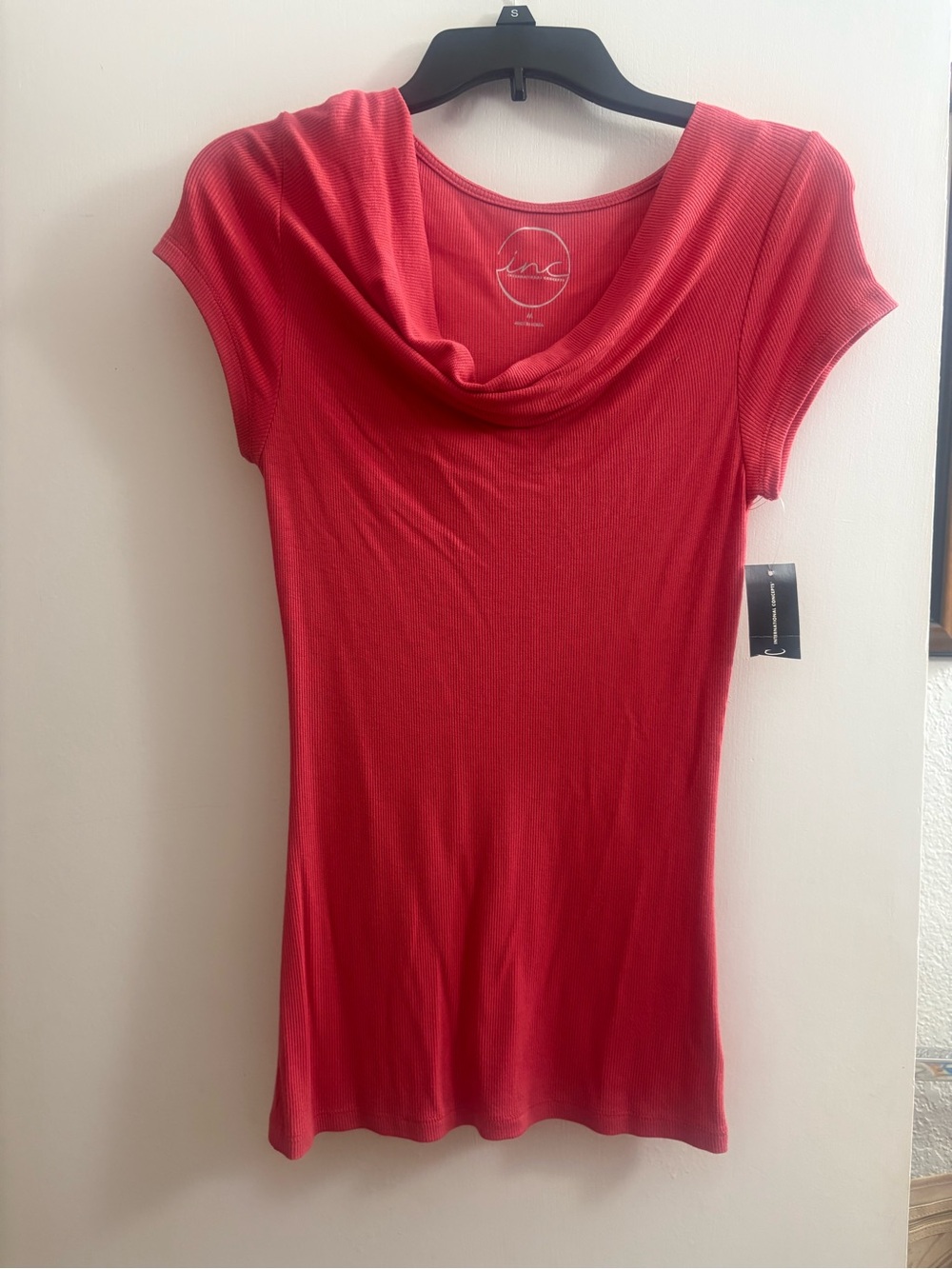 INC International Concepts Red Draped Cowl Neck Short Sleeve Top